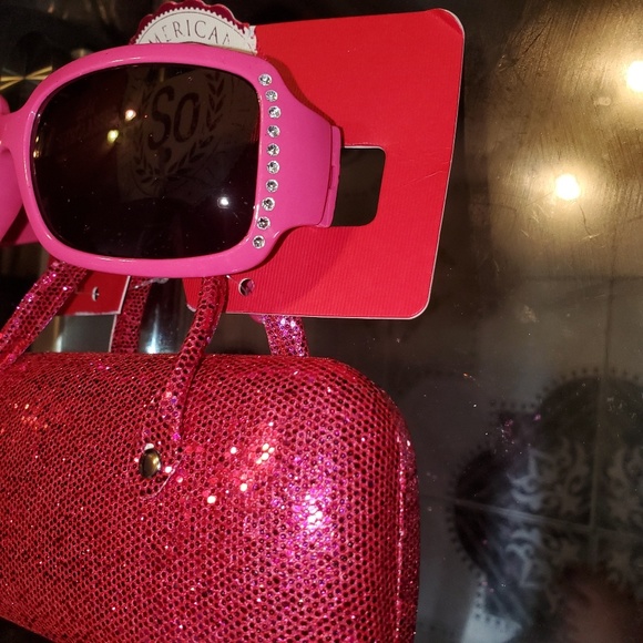 Girls Pink Rhinestone Trim Sunglasses Sequin Case - Picture 6 of 7